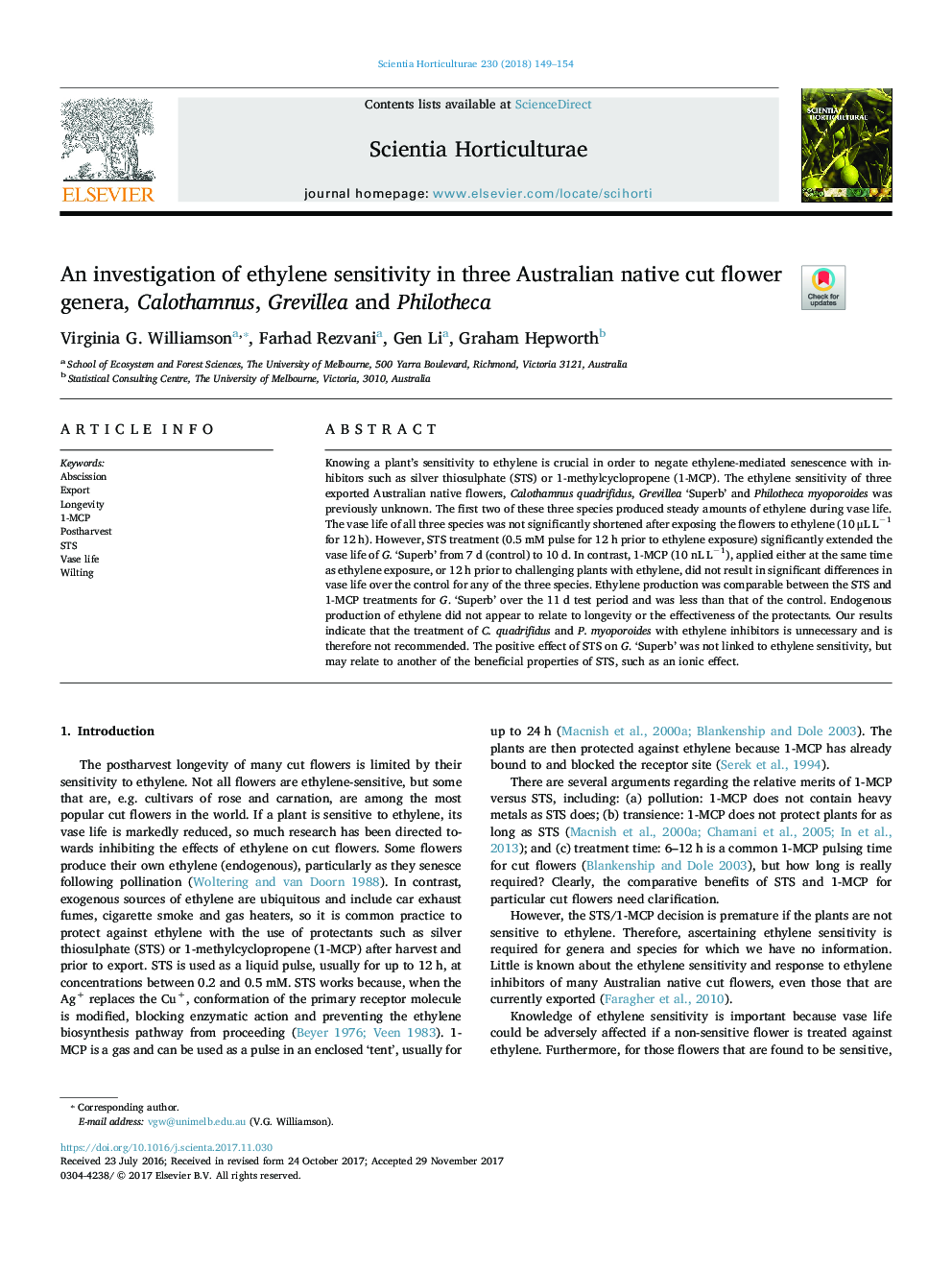 An investigation of ethylene sensitivity in three Australian native cut flower genera, Calothamnus, Grevillea and Philotheca