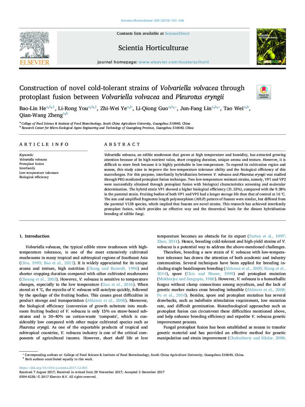 Construction of novel cold-tolerant strains of Volvariella volvacea through protoplast fusion between Volvariella volvacea and Pleurotus eryngii