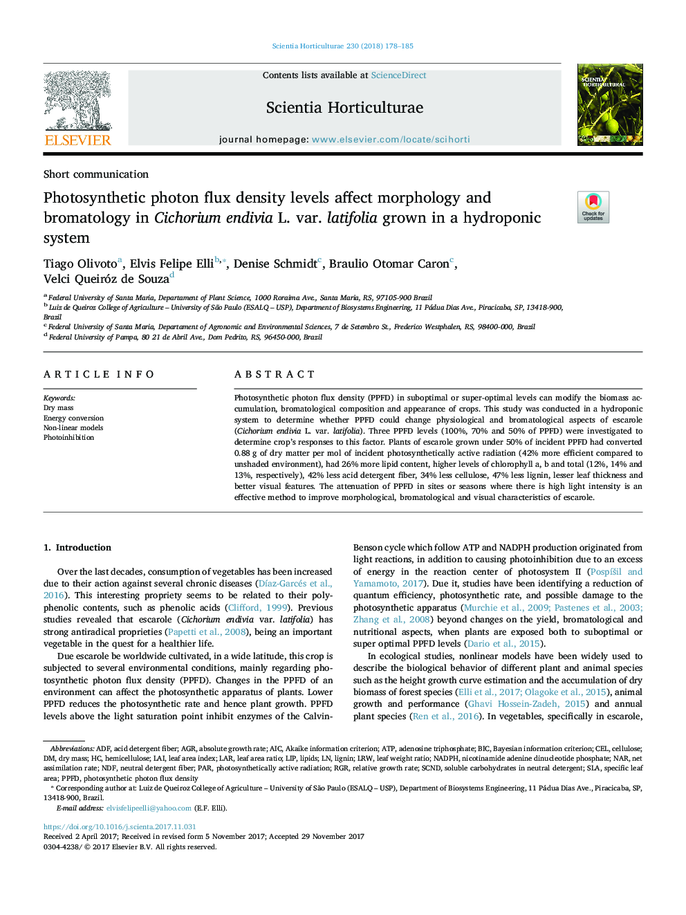 Photosynthetic photon flux density levels affect morphology and bromatology in Cichorium endivia L. var. latifolia grown in a hydroponic system