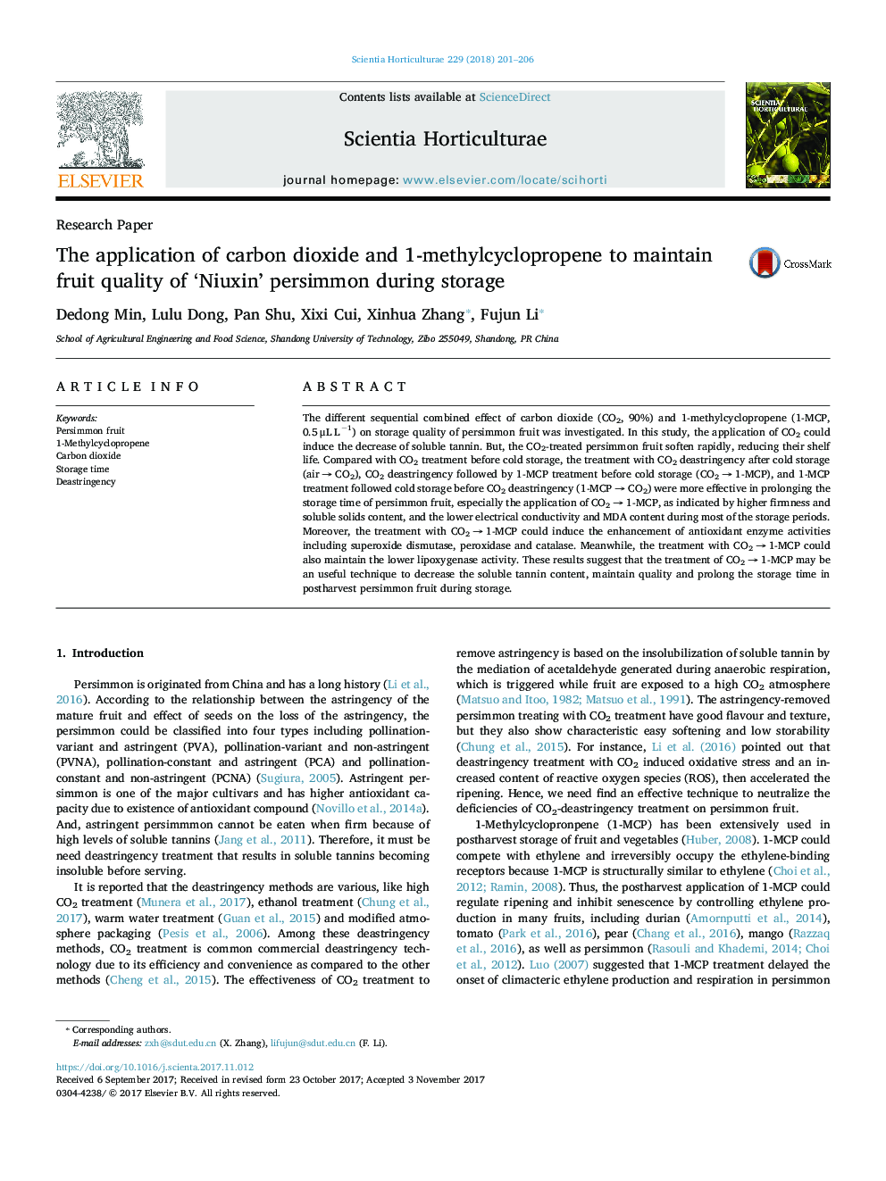 The application of carbon dioxide and 1-methylcyclopropene to maintain fruit quality of 'Niuxin' persimmon during storage