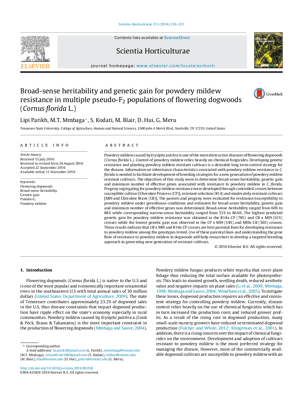 Broad-sense heritability and genetic gain for powdery mildew resistance in multiple pseudo-F2 populations of flowering dogwoods (Cornus florida L.)