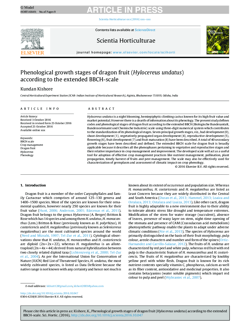 Phenological growth stages of dragon fruit (Hylocereus undatus) according to the extended BBCH-scale