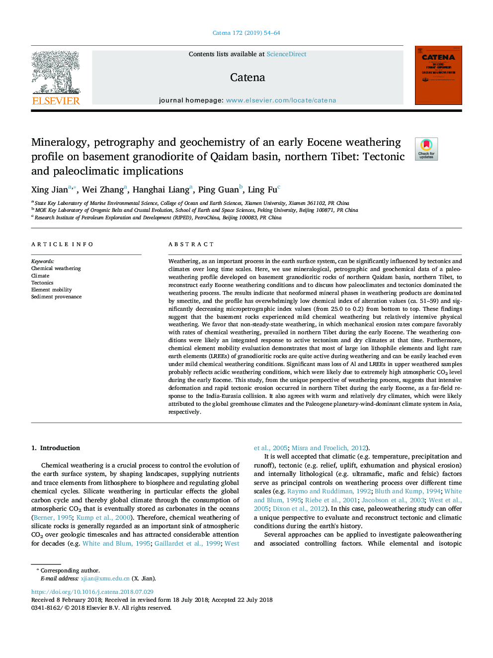 Mineralogy, petrography and geochemistry of an early Eocene weathering profile on basement granodiorite of Qaidam basin, northern Tibet: Tectonic and paleoclimatic implications