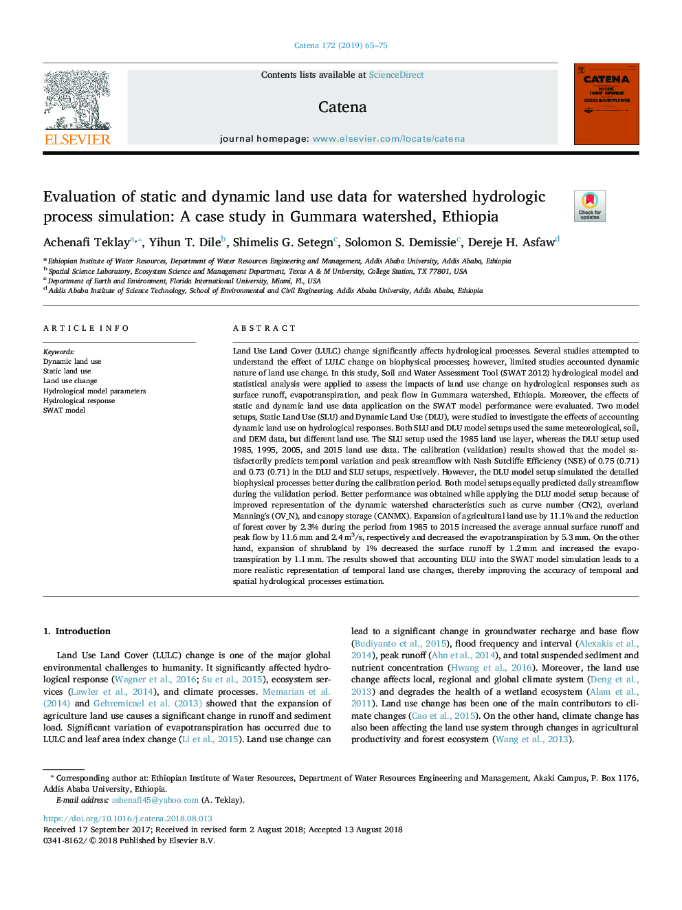 Evaluation of static and dynamic land use data for watershed hydrologic process simulation: A case study in Gummara watershed, Ethiopia