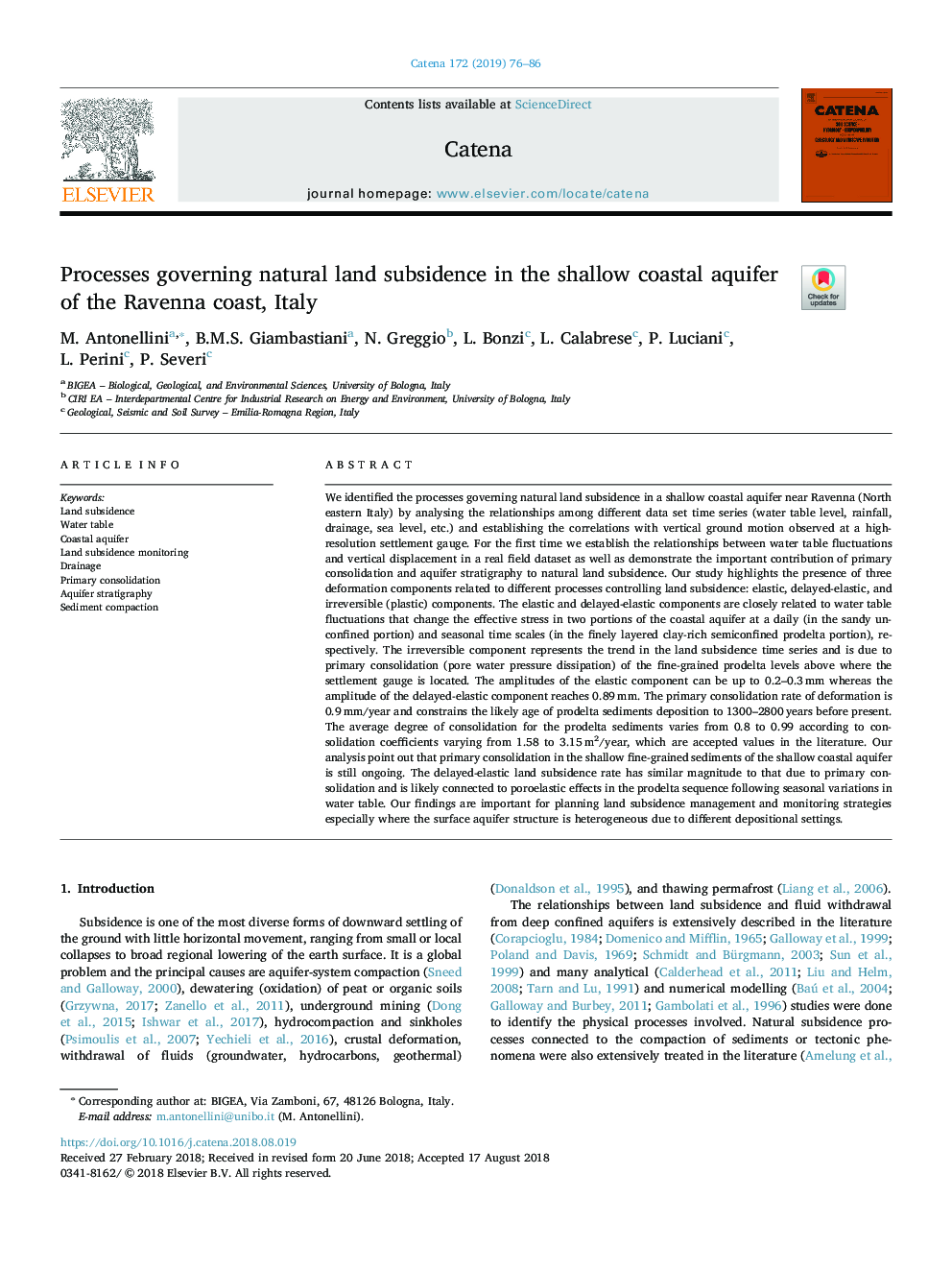 Processes governing natural land subsidence in the shallow coastal aquifer of the Ravenna coast, Italy