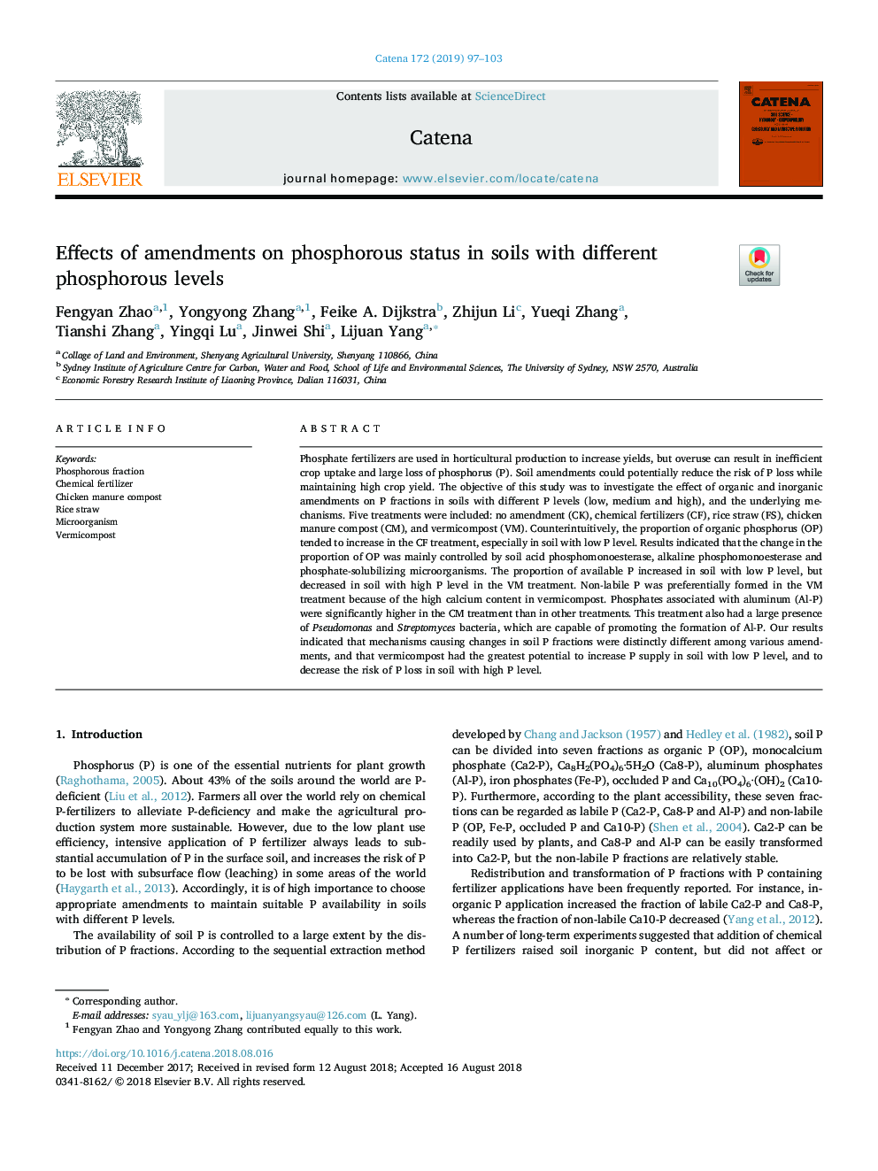 Effects of amendments on phosphorous status in soils with different phosphorous levels