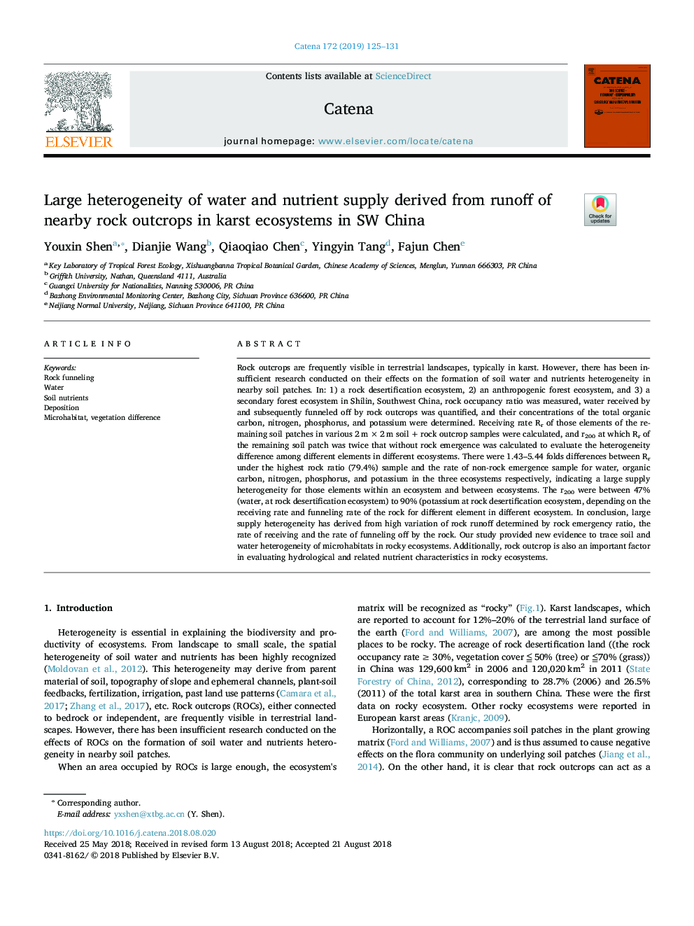 Large heterogeneity of water and nutrient supply derived from runoff of nearby rock outcrops in karst ecosystems in SW China