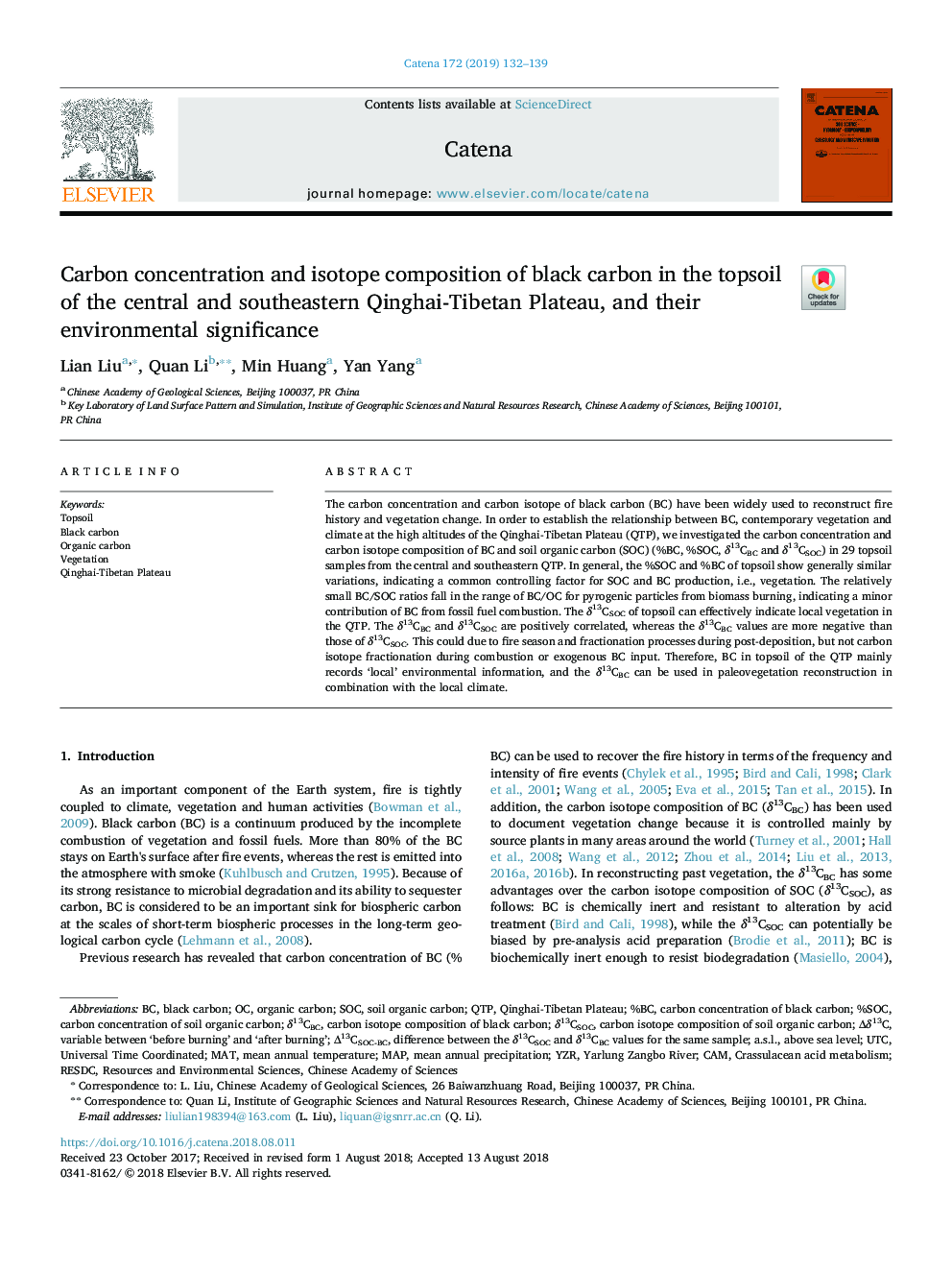 Carbon concentration and isotope composition of black carbon in the topsoil of the central and southeastern Qinghai-Tibetan Plateau, and their environmental significance