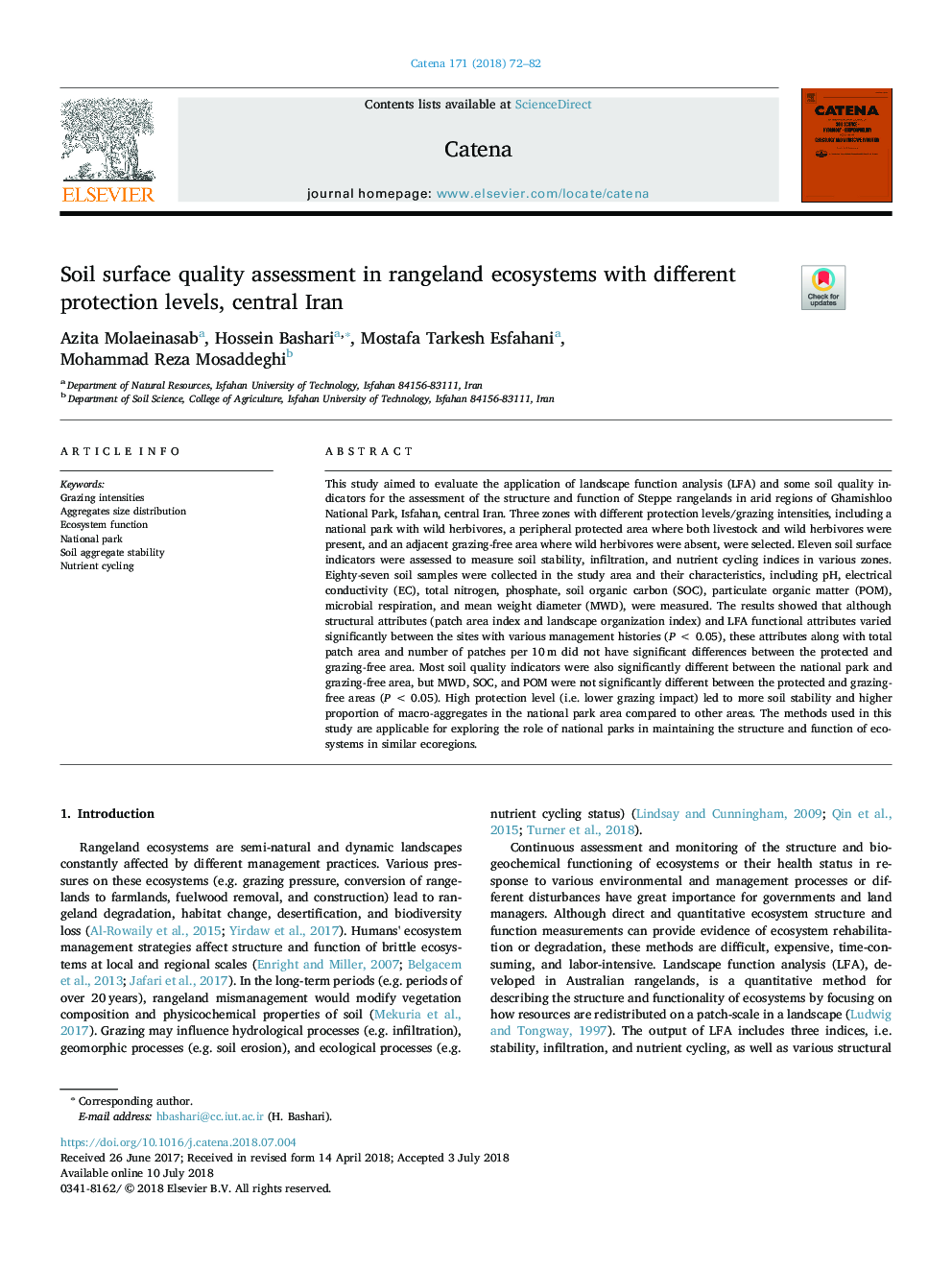 Soil surface quality assessment in rangeland ecosystems with different protection levels, central Iran