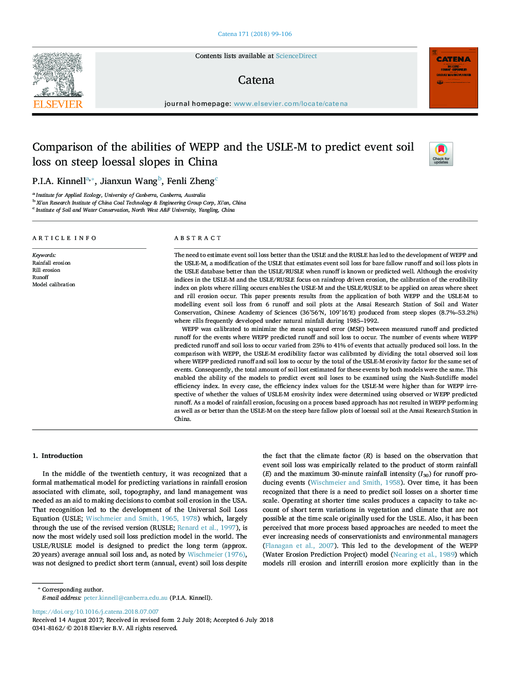 Comparison of the abilities of WEPP and the USLE-M to predict event soil loss on steep loessal slopes in China