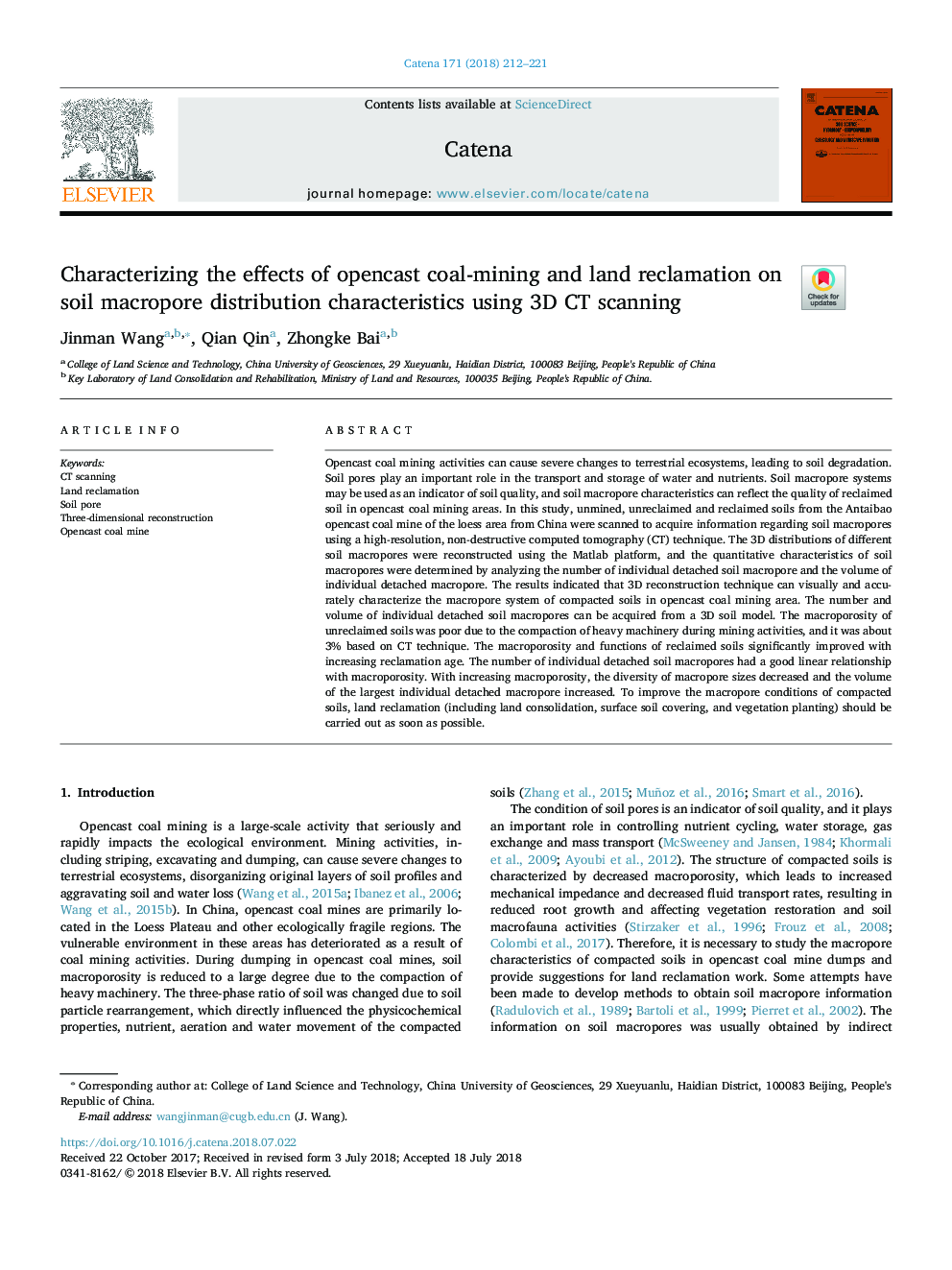 Characterizing the effects of opencast coal-mining and land reclamation on soil macropore distribution characteristics using 3D CT scanning