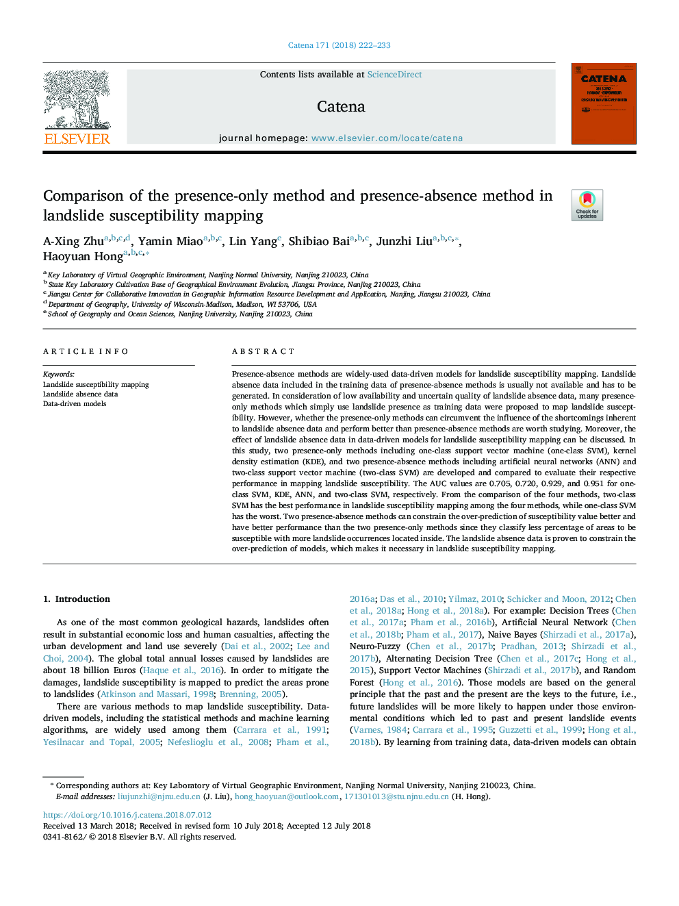 Comparison of the presence-only method and presence-absence method in landslide susceptibility mapping