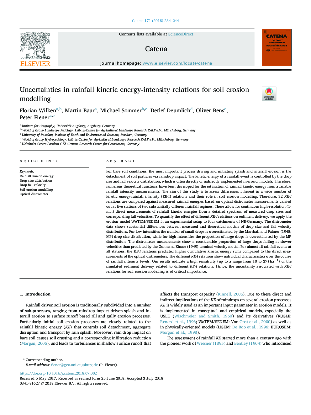 Uncertainties in rainfall kinetic energy-intensity relations for soil erosion modelling