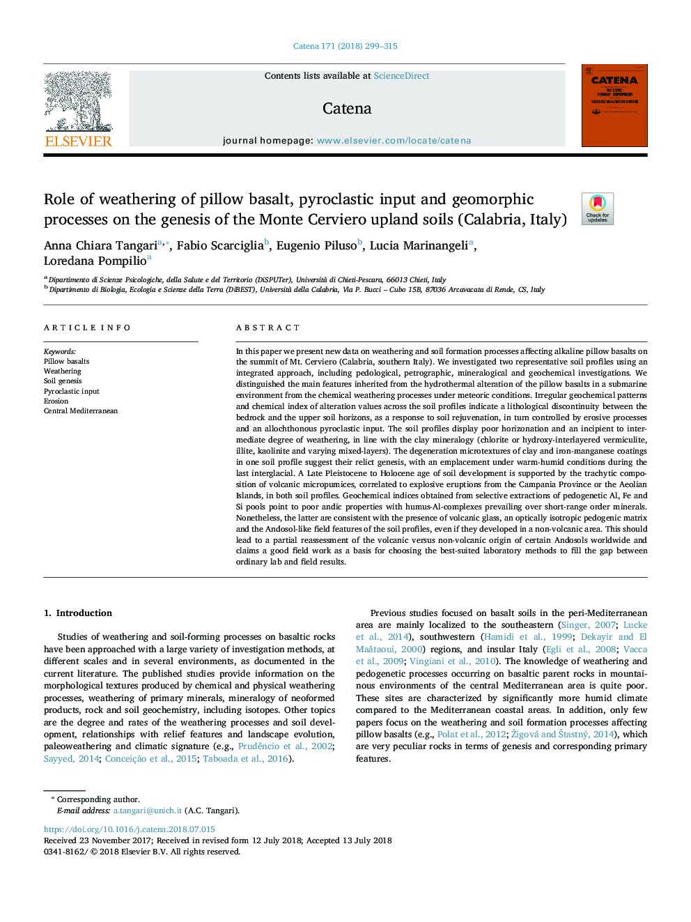 Role of weathering of pillow basalt, pyroclastic input and geomorphic processes on the genesis of the Monte Cerviero upland soils (Calabria, Italy)