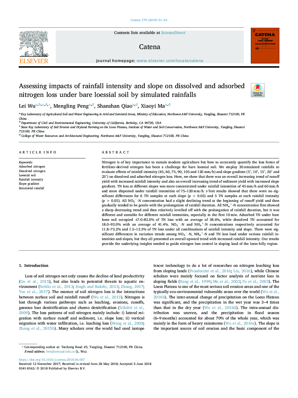 Assessing impacts of rainfall intensity and slope on dissolved and adsorbed nitrogen loss under bare loessial soil by simulated rainfalls