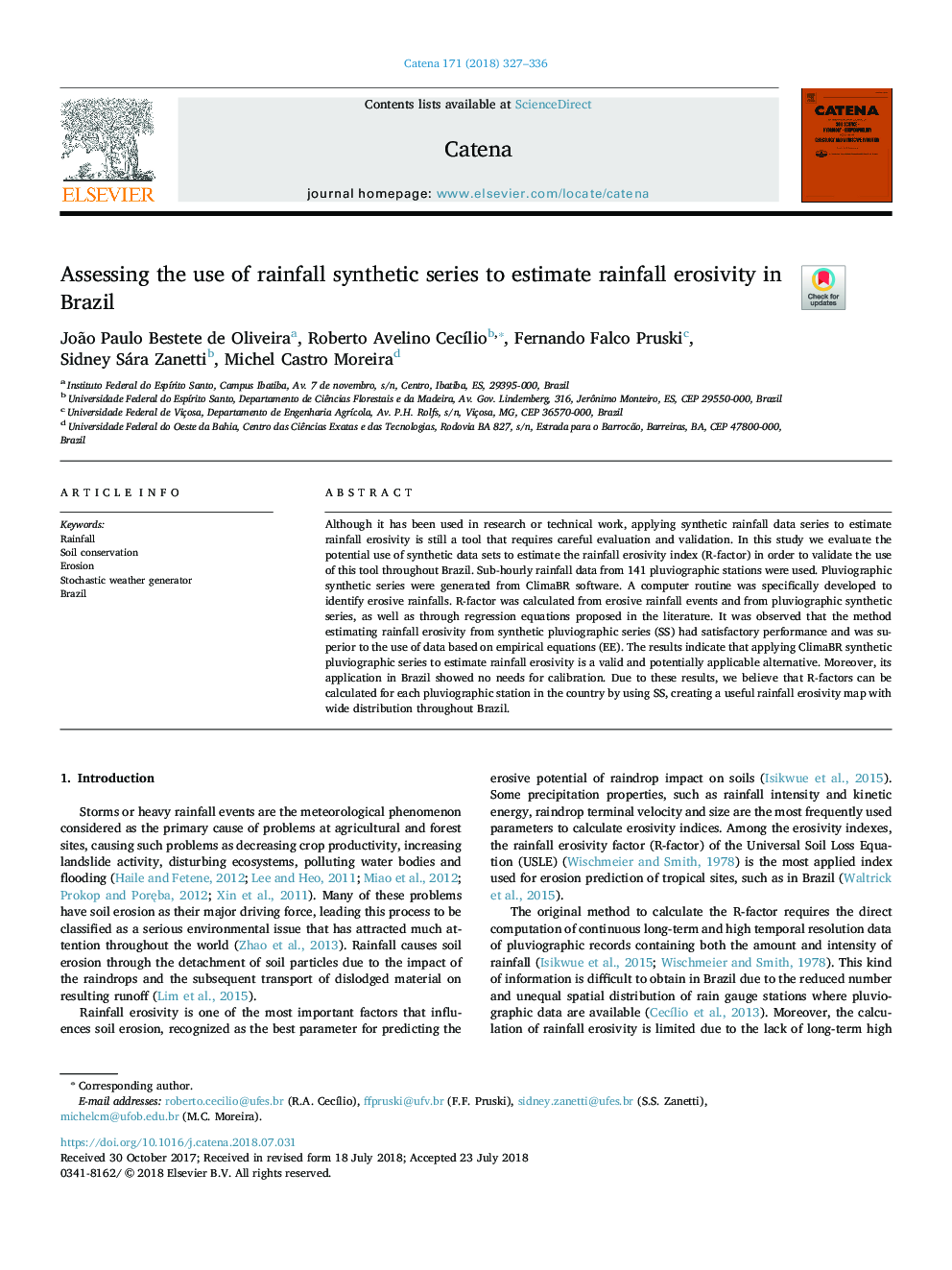 Assessing the use of rainfall synthetic series to estimate rainfall erosivity in Brazil