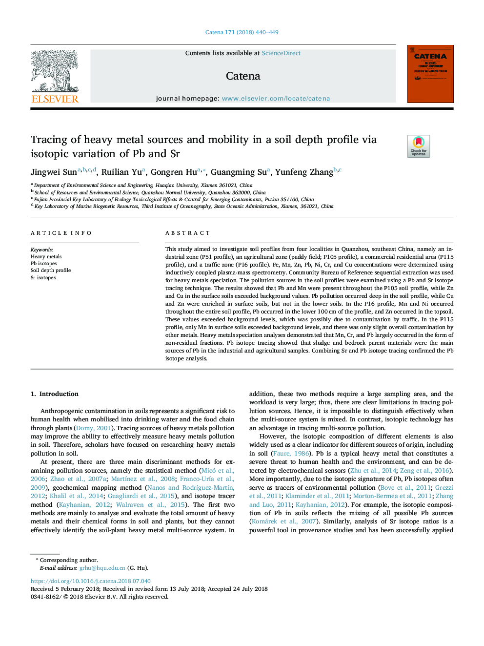 Tracing of heavy metal sources and mobility in a soil depth profile via isotopic variation of Pb and Sr