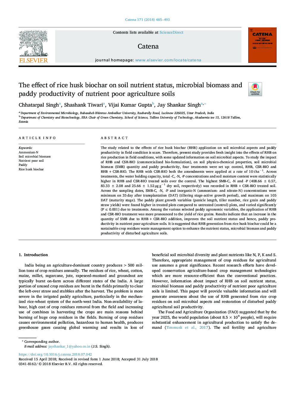 The effect of rice husk biochar on soil nutrient status, microbial biomass and paddy productivity of nutrient poor agriculture soils