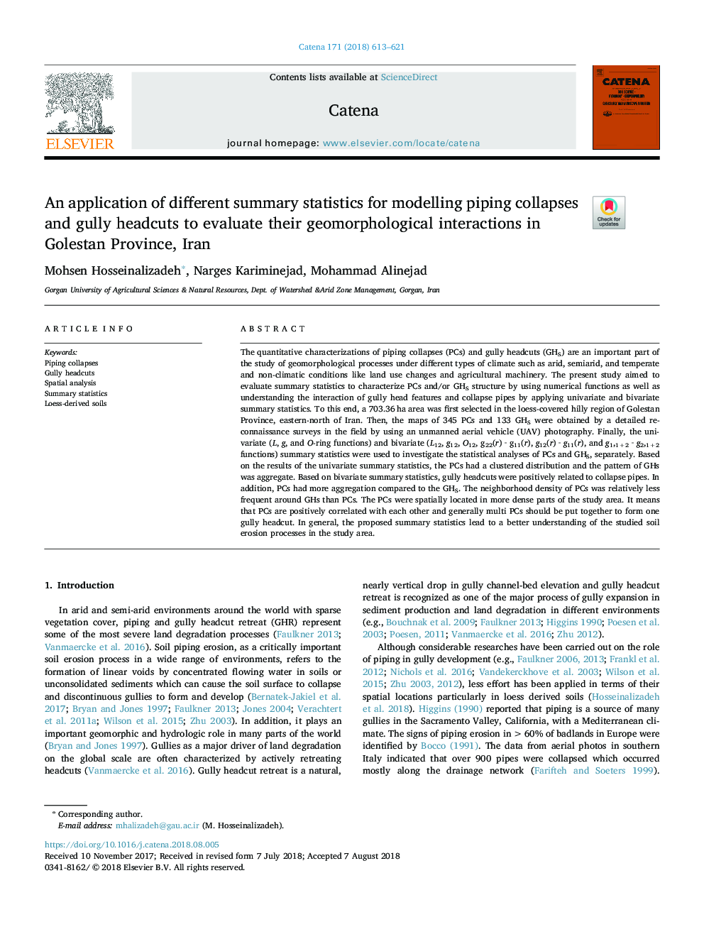 An application of different summary statistics for modelling piping collapses and gully headcuts to evaluate their geomorphological interactions in Golestan Province, Iran