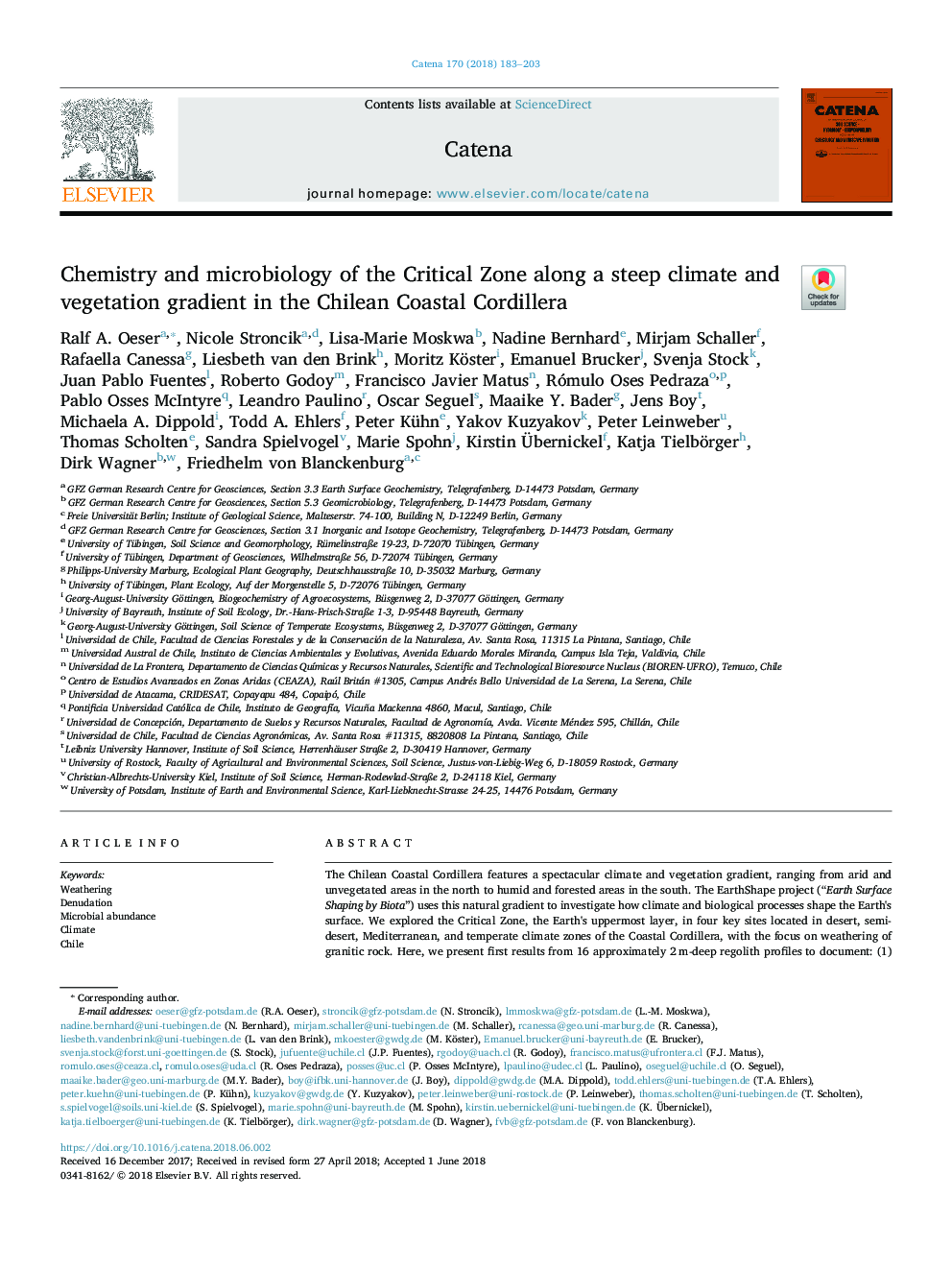 Chemistry and microbiology of the Critical Zone along a steep climate and vegetation gradient in the Chilean Coastal Cordillera