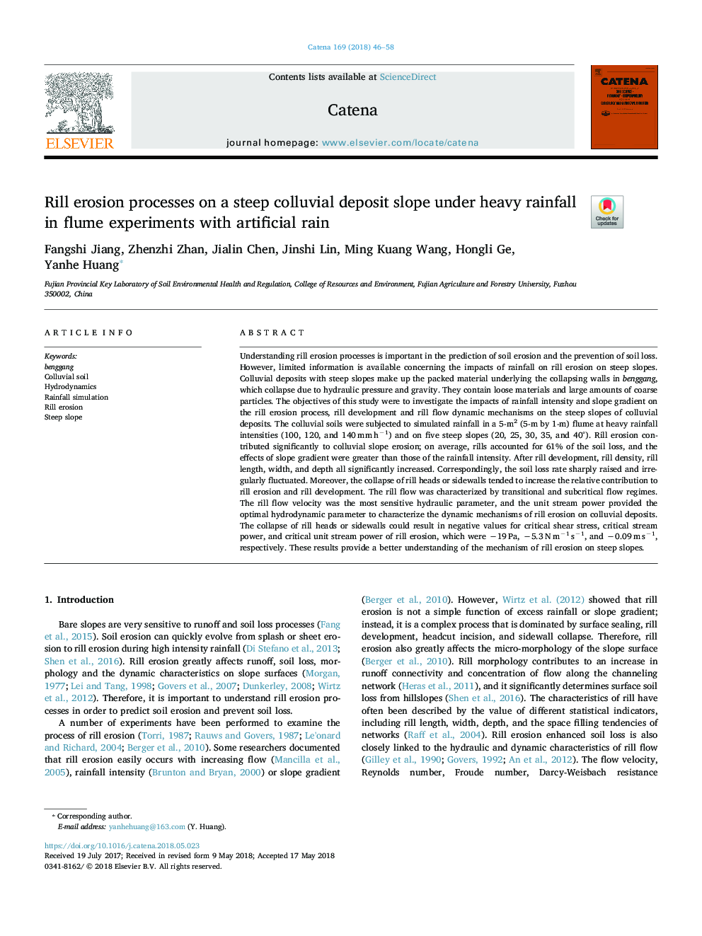 Rill erosion processes on a steep colluvial deposit slope under heavy rainfall in flume experiments with artificial rain