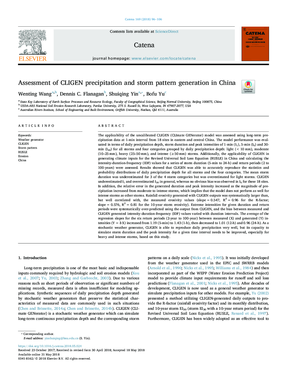 Assessment of CLIGEN precipitation and storm pattern generation in China