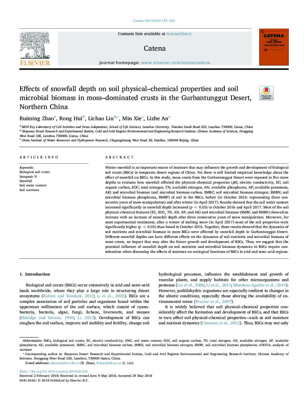 Effects of snowfall depth on soil physical-chemical properties and soil microbial biomass in moss-dominated crusts in the Gurbantunggut Desert, Northern China