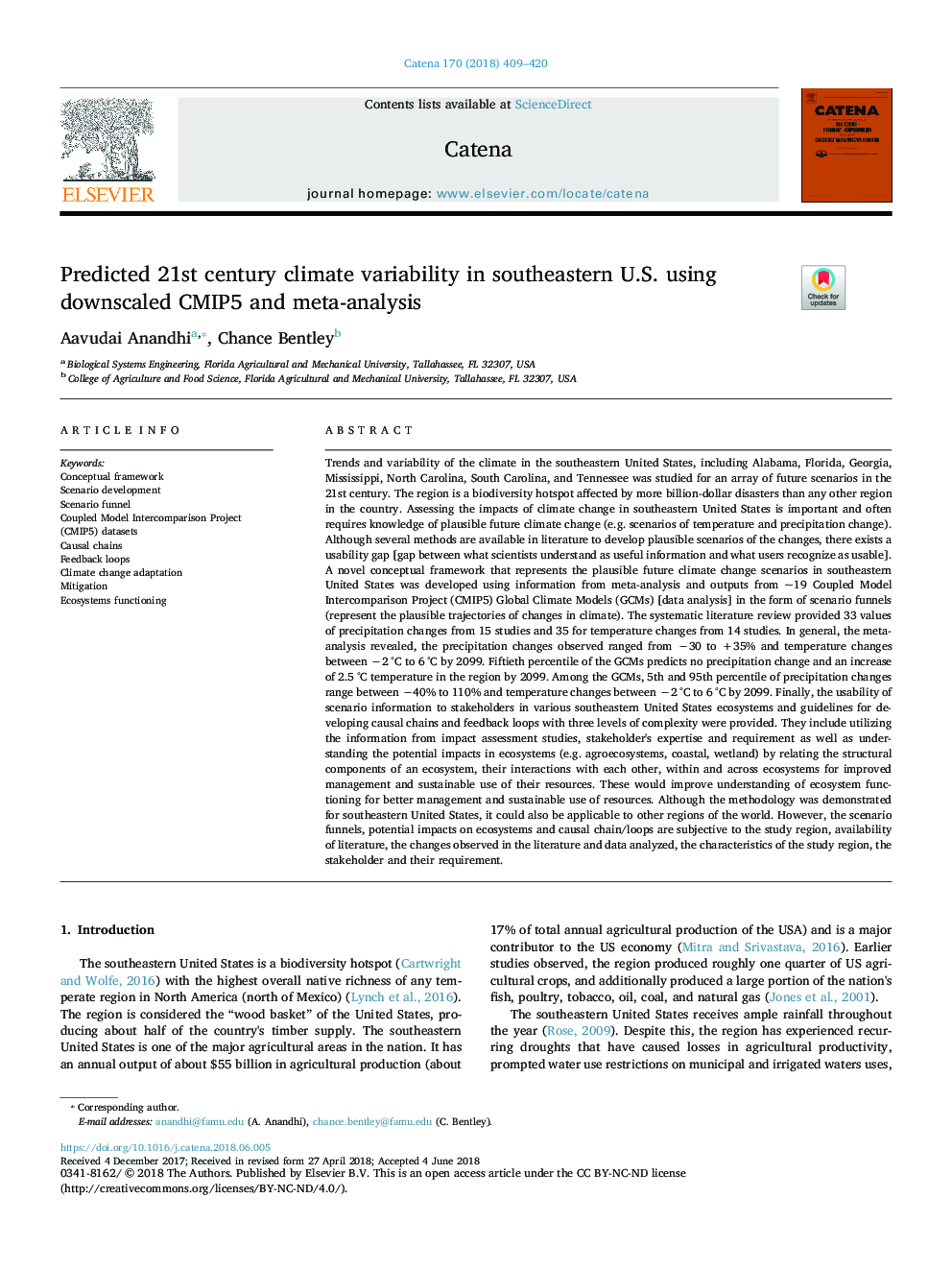 Predicted 21st century climate variability in southeastern U.S. using downscaled CMIP5 and meta-analysis