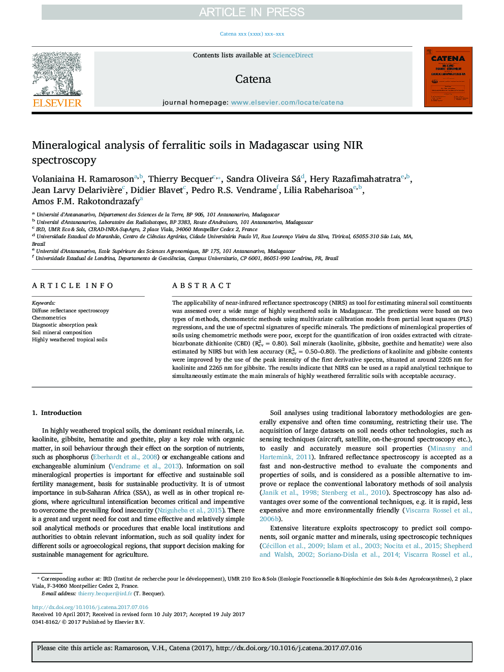 Mineralogical analysis of ferralitic soils in Madagascar using NIR spectroscopy