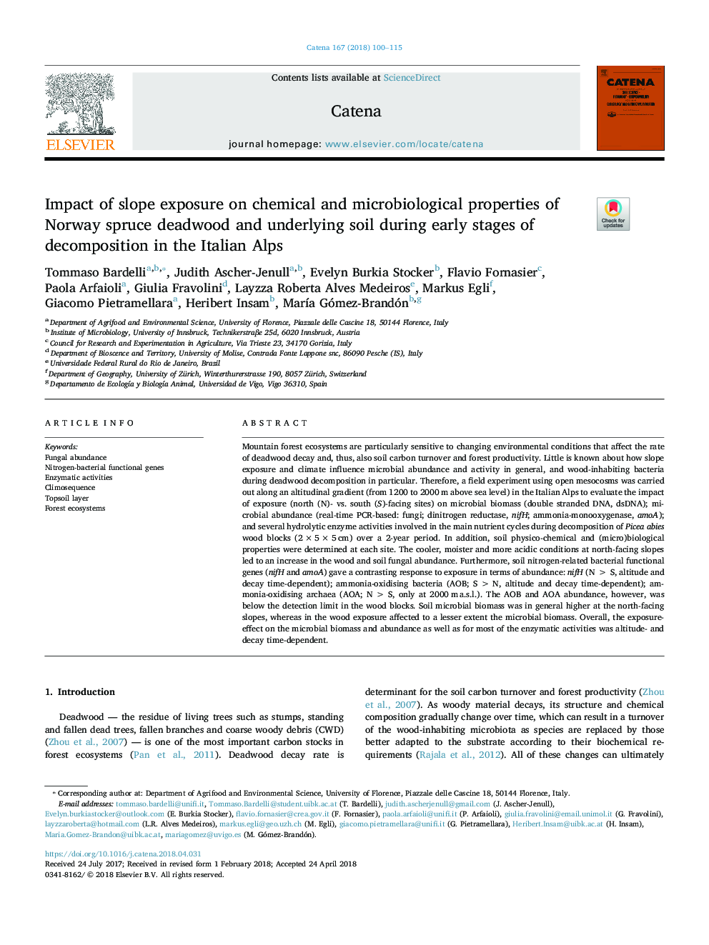 Impact of slope exposure on chemical and microbiological properties of Norway spruce deadwood and underlying soil during early stages of decomposition in the Italian Alps