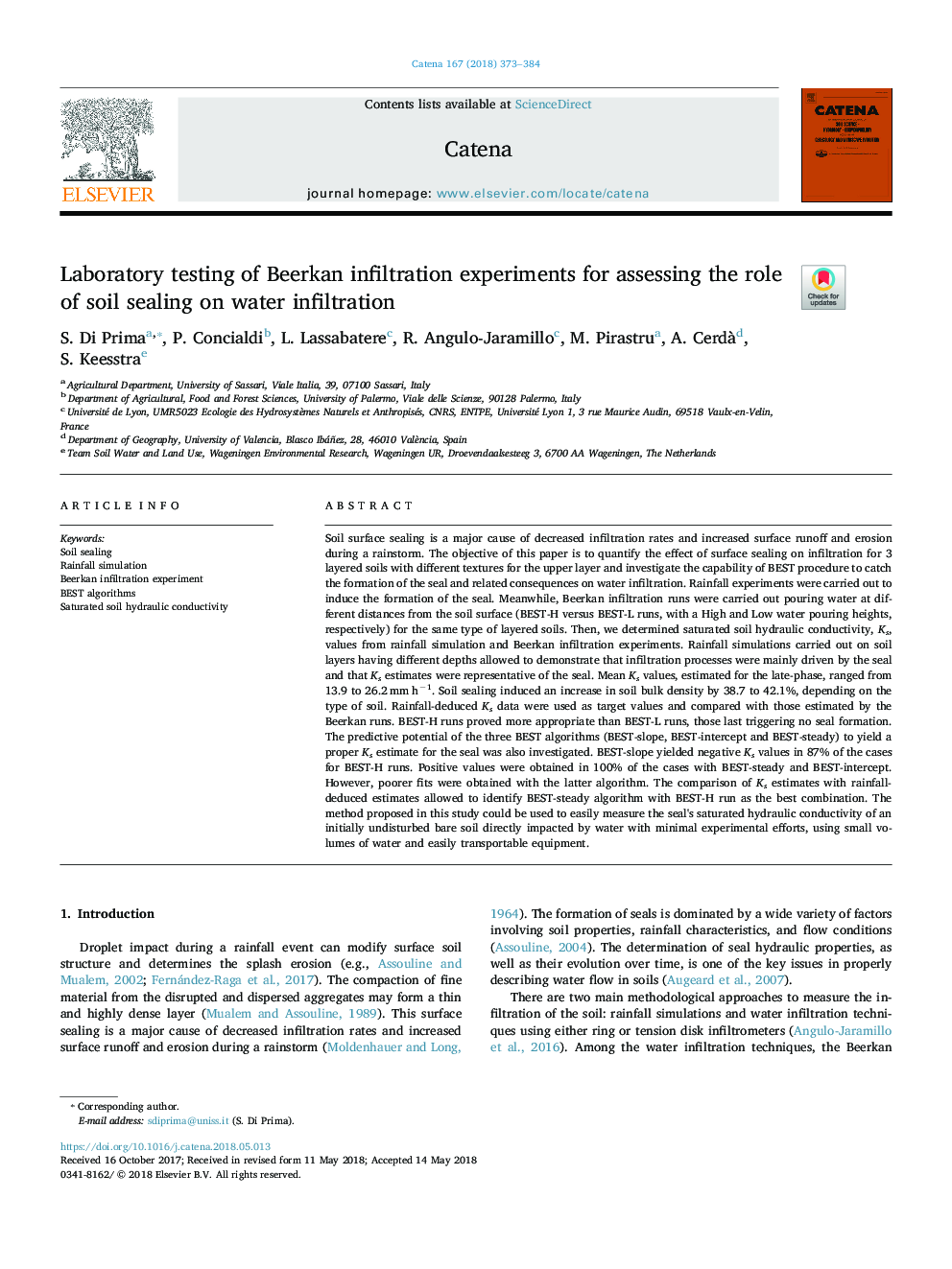 Laboratory testing of Beerkan infiltration experiments for assessing the role of soil sealing on water infiltration