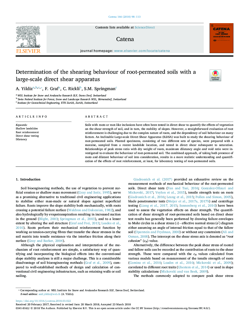 Determination of the shearing behaviour of root-permeated soils with a large-scale direct shear apparatus