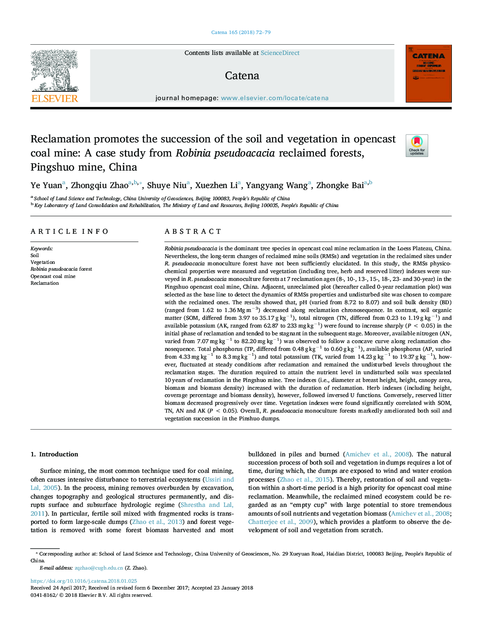 Reclamation promotes the succession of the soil and vegetation in opencast coal mine: A case study from Robinia pseudoacacia reclaimed forests, Pingshuo mine, China