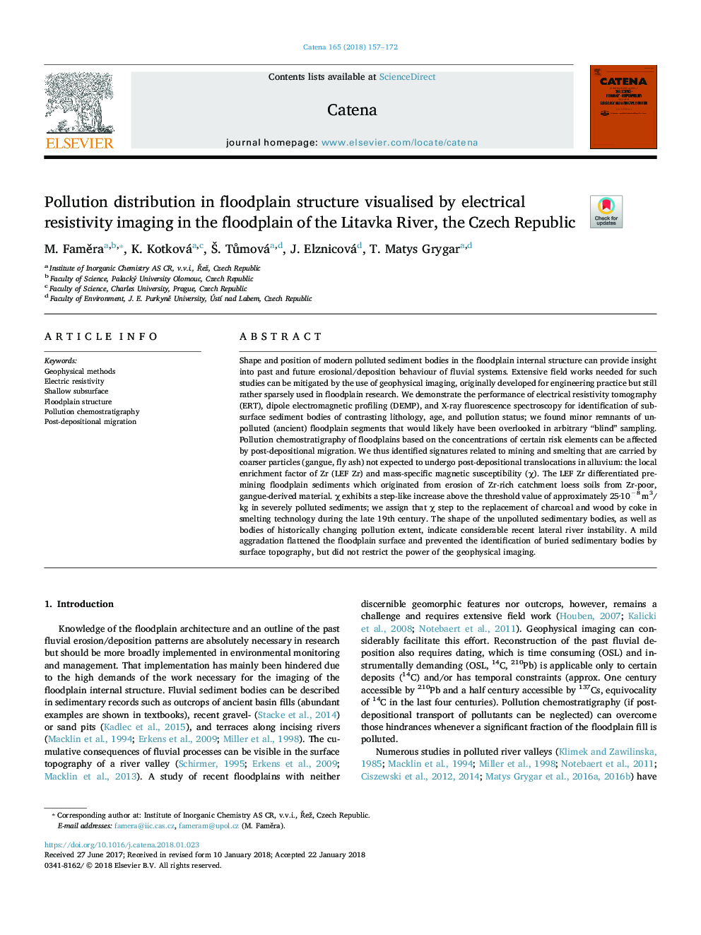 Pollution distribution in floodplain structure visualised by electrical resistivity imaging in the floodplain of the Litavka River, the Czech Republic