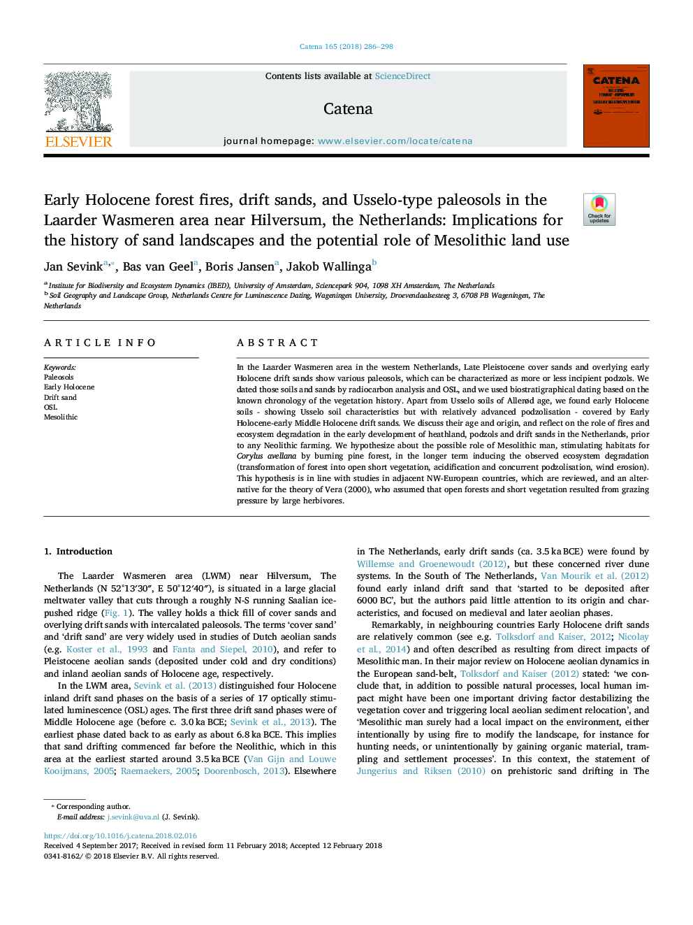 Early Holocene forest fires, drift sands, and Usselo-type paleosols in the Laarder Wasmeren area near Hilversum, the Netherlands: Implications for the history of sand landscapes and the potential role of Mesolithic land use