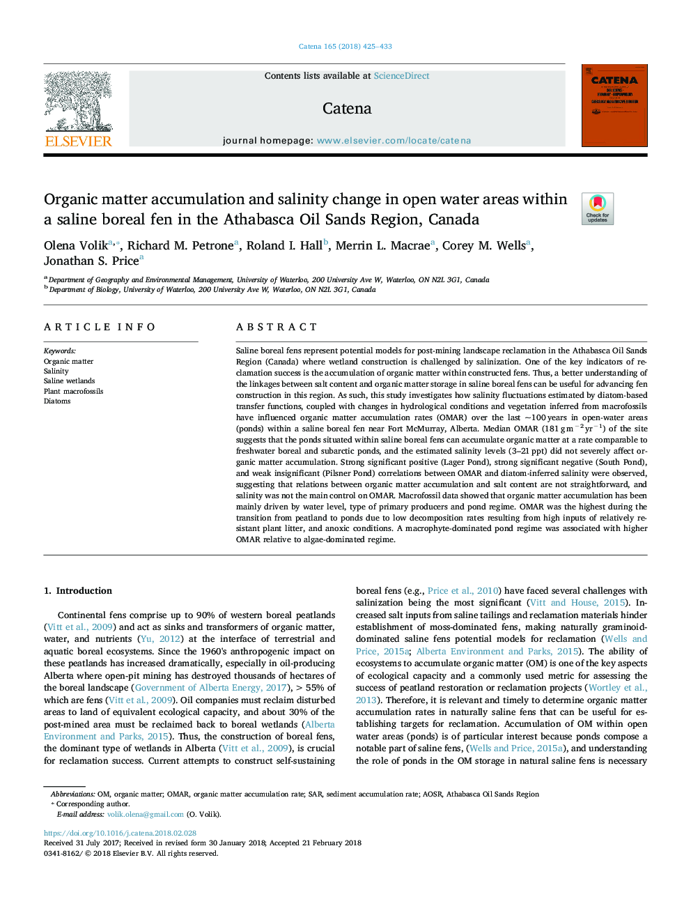 Organic matter accumulation and salinity change in open water areas within a saline boreal fen in the Athabasca Oil Sands Region, Canada
