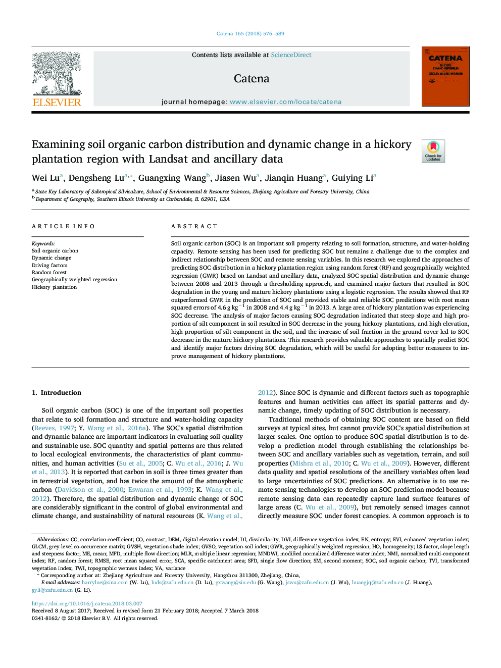 Examining soil organic carbon distribution and dynamic change in a hickory plantation region with Landsat and ancillary data