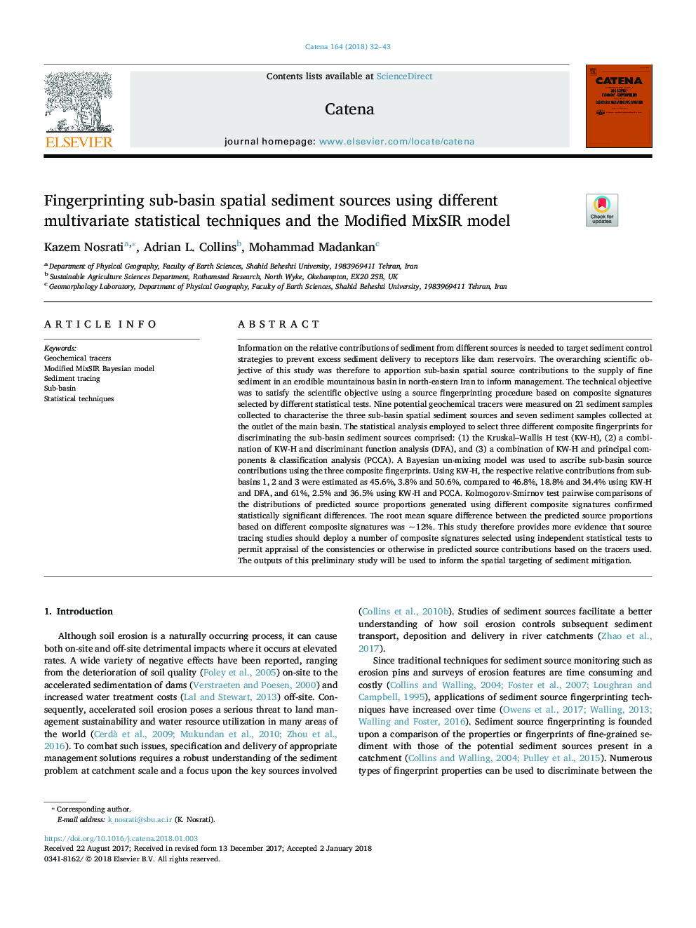 Fingerprinting sub-basin spatial sediment sources using different multivariate statistical techniques and the Modified MixSIR model