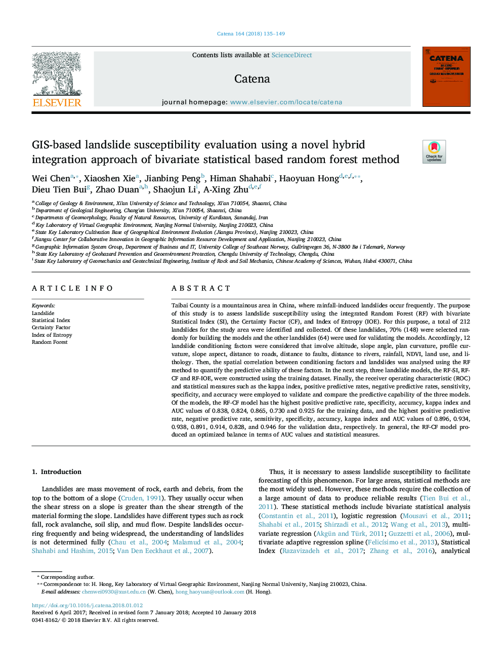 GIS-based landslide susceptibility evaluation using a novel hybrid integration approach of bivariate statistical based random forest method