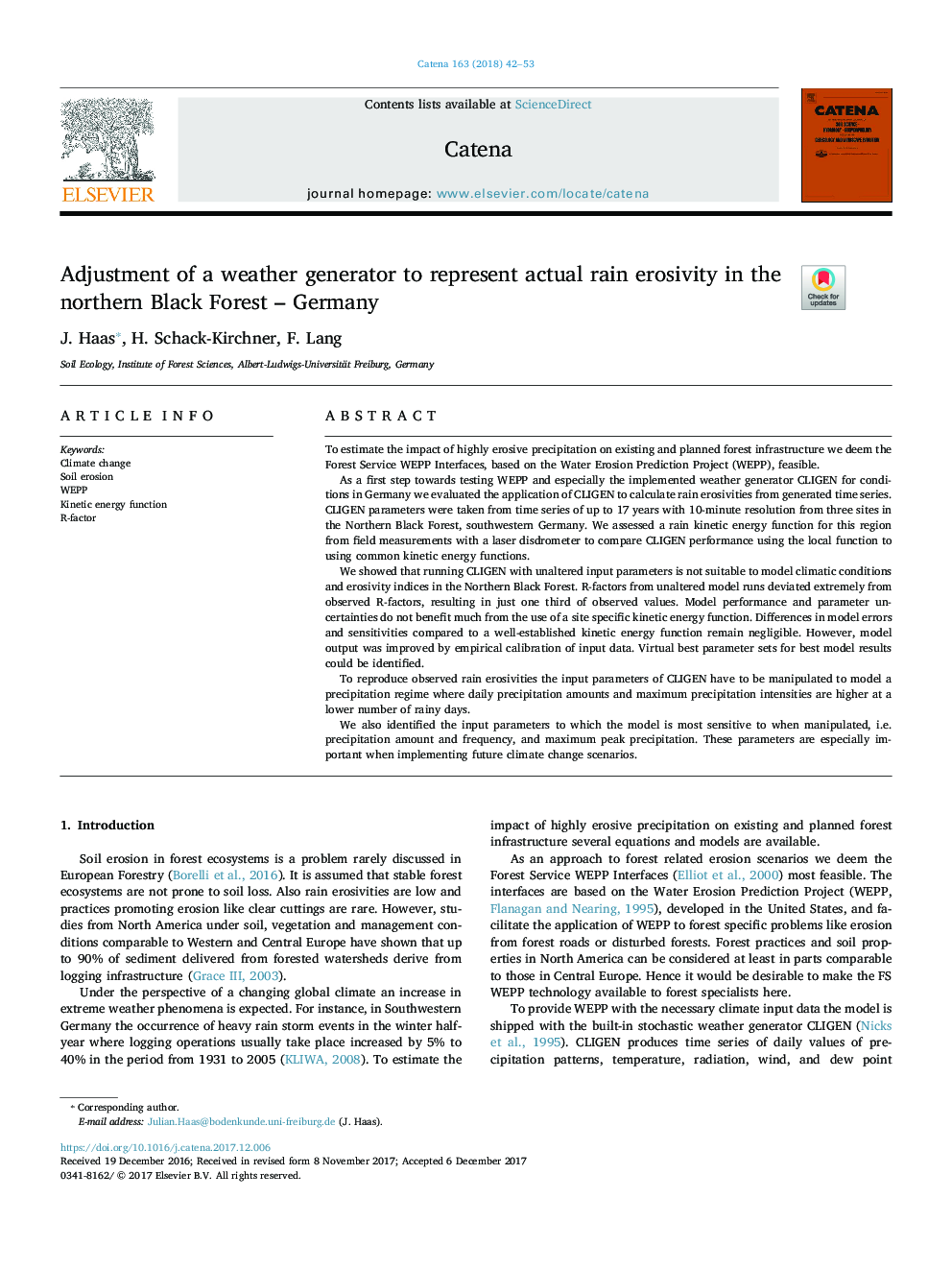 Adjustment of a weather generator to represent actual rain erosivity in the northern Black Forest - Germany