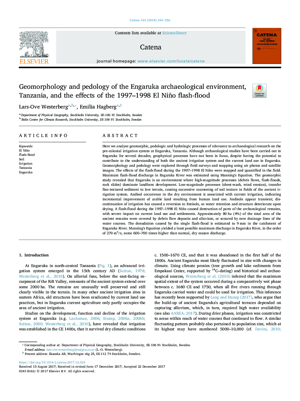 Geomorphology and pedology of the Engaruka archaeological environment, Tanzania, and the effects of the 1997-1998 El Niño flash-flood