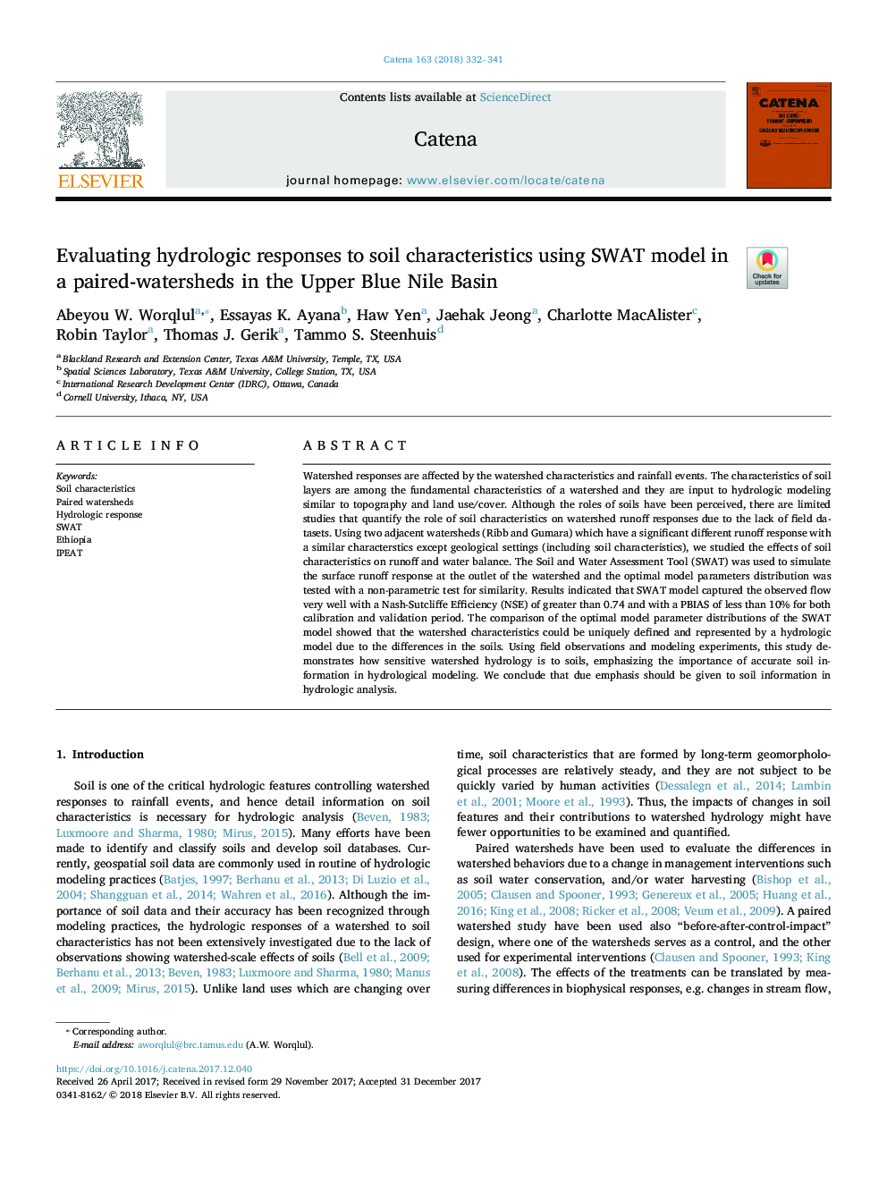 عکس صفحه اول مقاله: Evaluating hydrologic responses to soil characteristics using SWAT model in a paired-watersheds in the Upper Blue Nile Basin Evaluating hydrologic responses to soil characteristics using SWAT model in a paired-watersheds in the Upper Blue Nile Basin