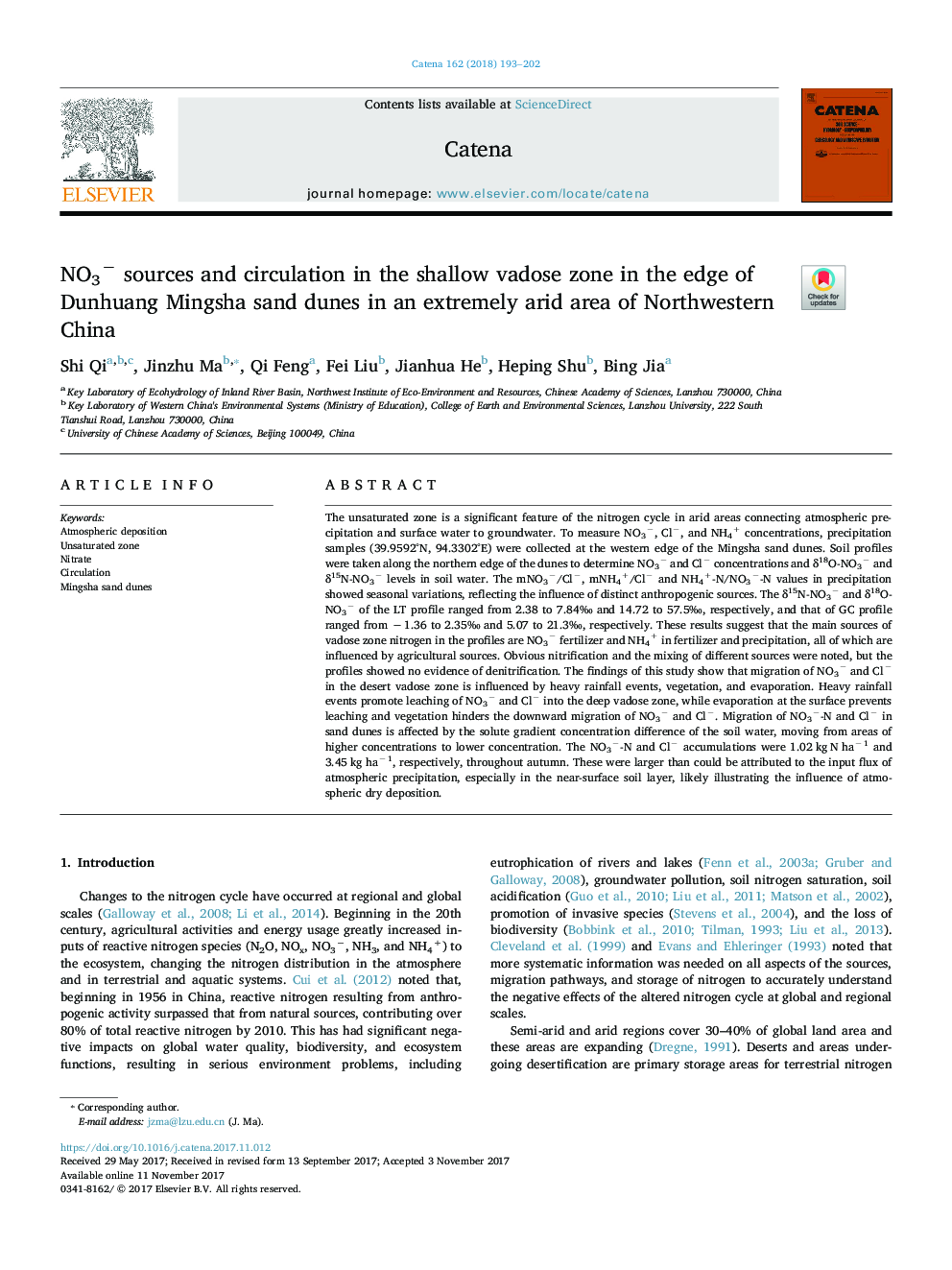 NO3â sources and circulation in the shallow vadose zone in the edge of Dunhuang Mingsha sand dunes in an extremely arid area of Northwestern China