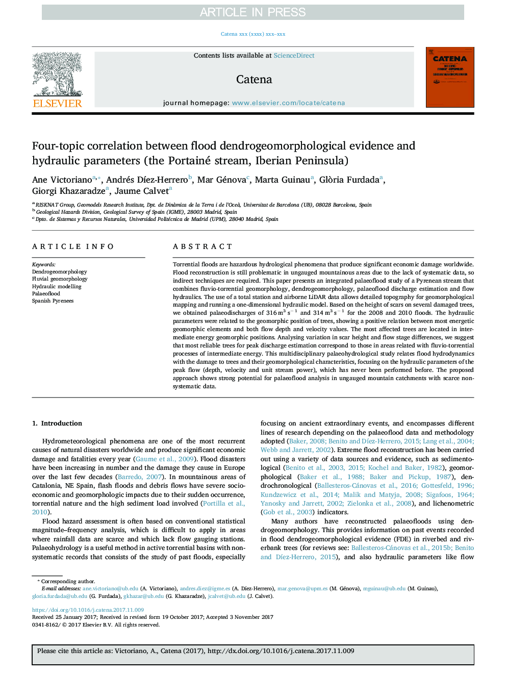 Four-topic correlation between flood dendrogeomorphological evidence and hydraulic parameters (the Portainé stream, Iberian Peninsula)