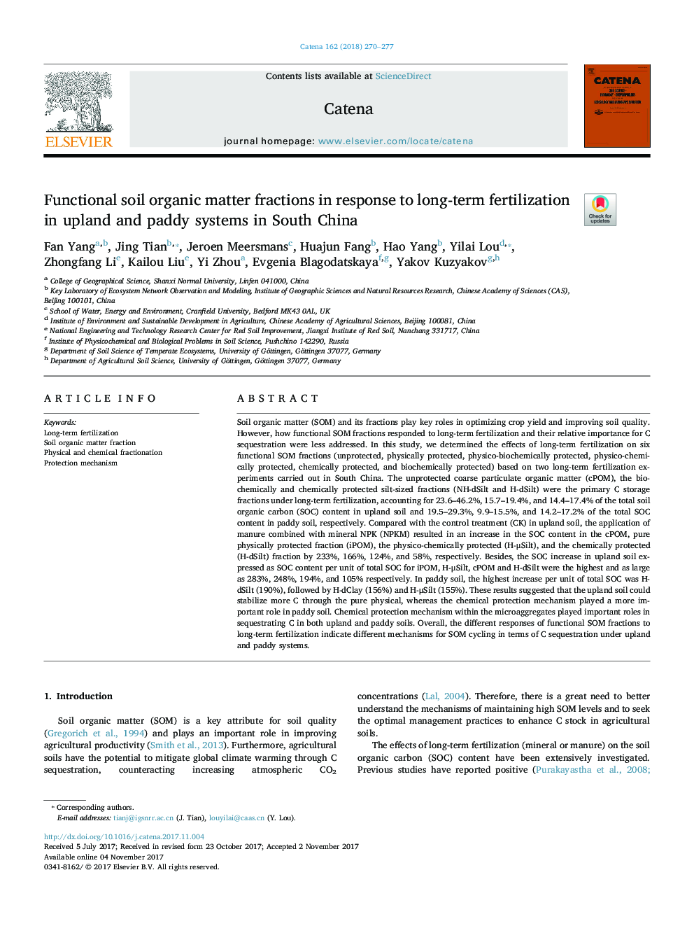 Functional soil organic matter fractions in response to long-term fertilization in upland and paddy systems in South China