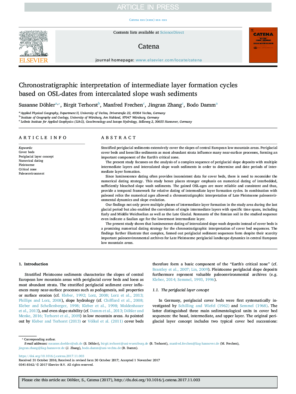 Chronostratigraphic interpretation of intermediate layer formation cycles based on OSL-dates from intercalated slope wash sediments