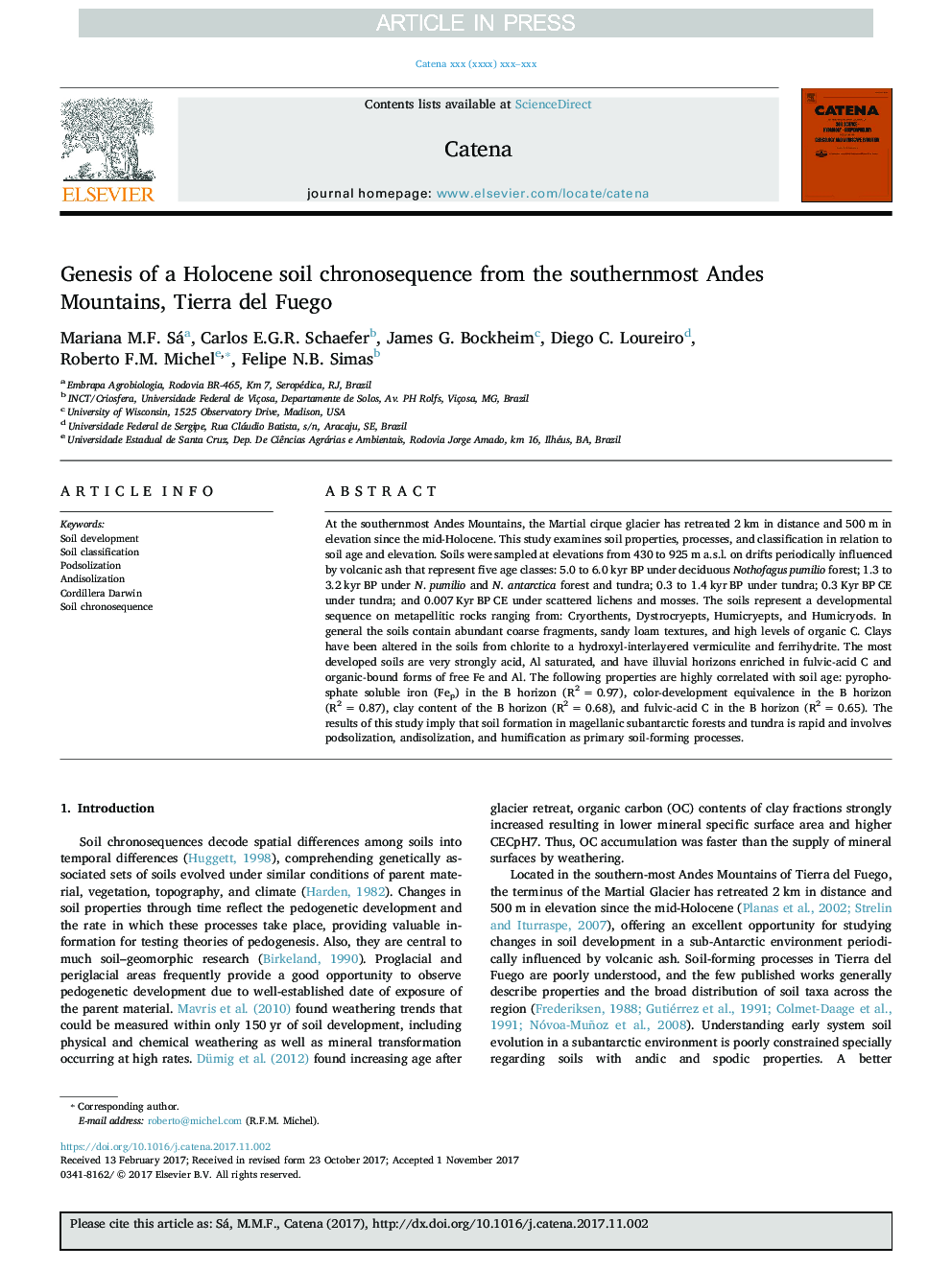 Genesis of a Holocene soil chronosequence from the southernmost Andes Mountains, Tierra del Fuego