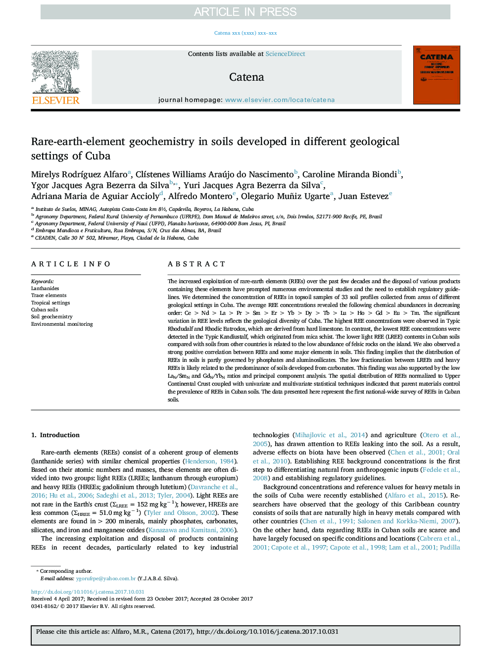 Rare-earth-element geochemistry in soils developed in different geological settings of Cuba