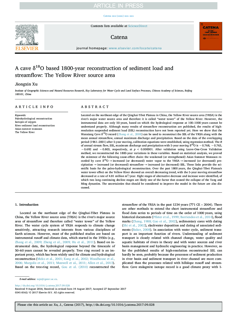 A cave Î´18O based 1800-year reconstruction of sediment load and streamflow: The Yellow River source area