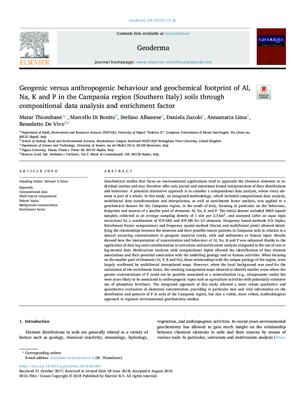 Geogenic versus anthropogenic behaviour and geochemical footprint of Al, Na, K and P in the Campania region (Southern Italy) soils through compositional data analysis and enrichment factor